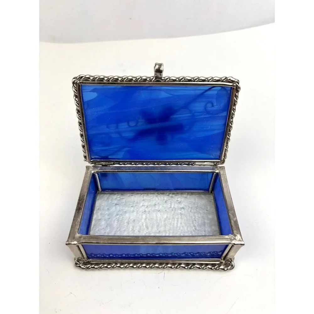 Vintage Blue Slag Glass Jewelry Trinket Box Silver Tone‎ Hinged Lid
